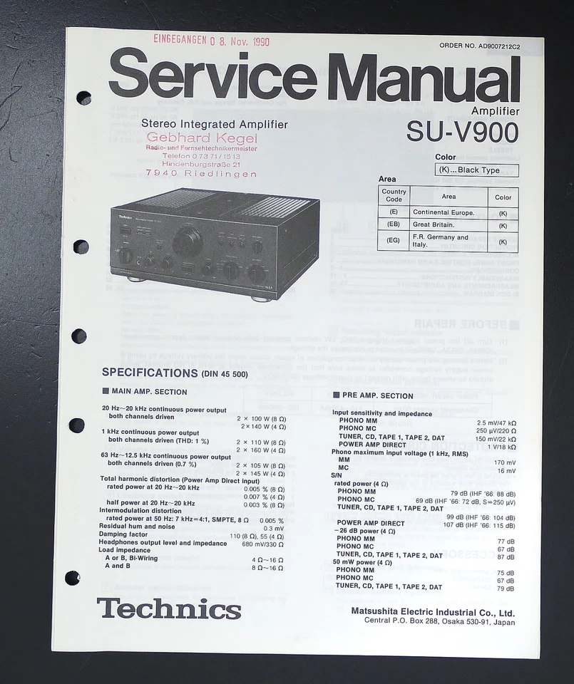 Original Service Manual/Schematic für TECHNICS SU-V900 Amplifier/Verstärker O148 - Bild 1 von 1