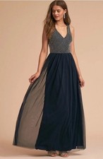 BHLDN Adrianna Papell Bryce Gown Tulle Maxi Dress Sz 0 Beaded Pearl Navy New