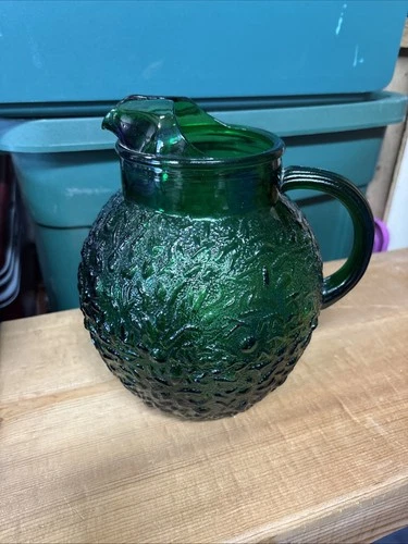 Vintage Anchor Hocking Lido Milano Emerald Forest Green Crinkle Glass Pitcher