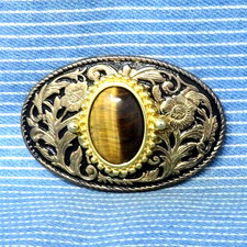 Western Dress Belt Buckle Cowboy Cowgirl Glowing Tigers Eye Mount Vtg 80s.TYC551