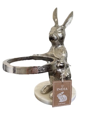 12.5  Silver Easter Rabbit on Marble Stand Missing Candy Glass Bowl Home Decor