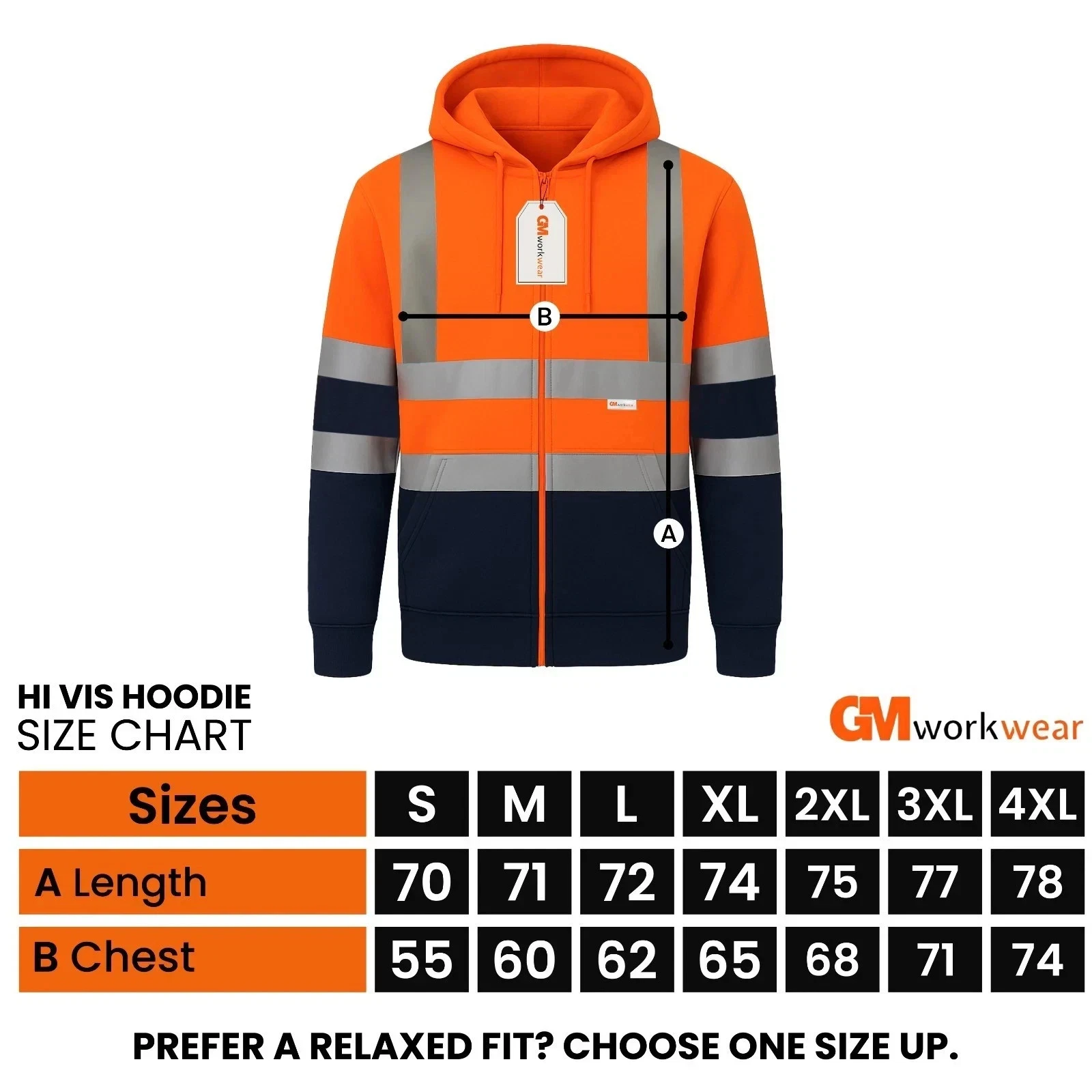 Hi-vis hoodie size chart S to 4XL