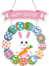 Easter Decorations for Front Door, Wooden Hanging Bunny Egg Wreath, Happy Easter