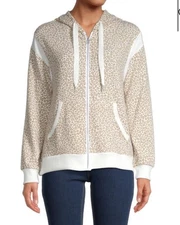 C&C California Womens Beige Leopard Print Full Zip Hooded Jacket Knit Sz M - NEW