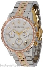 MICHAEL KORS RITZ SILVER, ROSE,GOLD TRI,3 TONE+CRYSTAL,MOP CHRONO WATCH MK5650