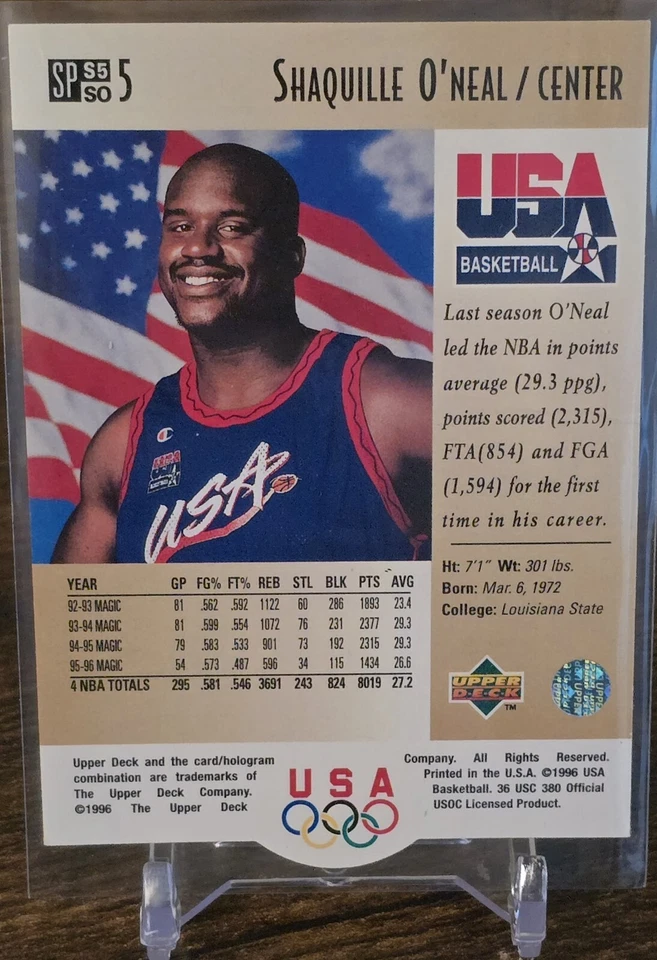 Tarjeta de lámina dorada Shaquille O'Neal SP S5 SO 1996 Upper Deck USA baloncesto Foto 2 de 2