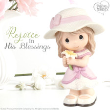   New PRECIOUS MOMENTS Figurine GIRL WITH LILY FLOWER Pink Purple Dress Blessed