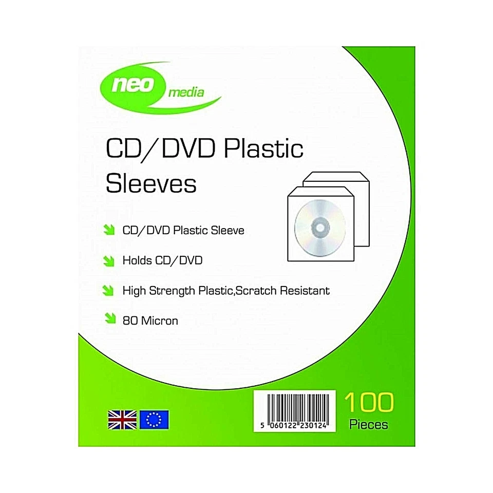 Neo Media CD/DVD PLASTIC SLEEVEES 80 Micron / PVC Sleeves - 1 PACK =100 PIECES