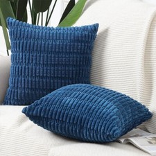 PAIR 18x18 STONE BLUE CHENILLE CORDUROY STRIPE PLUSH PILLOW COVERS N05
