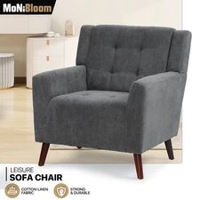 Gray Modern Accent Chair Linen Fabric Living Room Single Sofa Chair w/Wood Legs