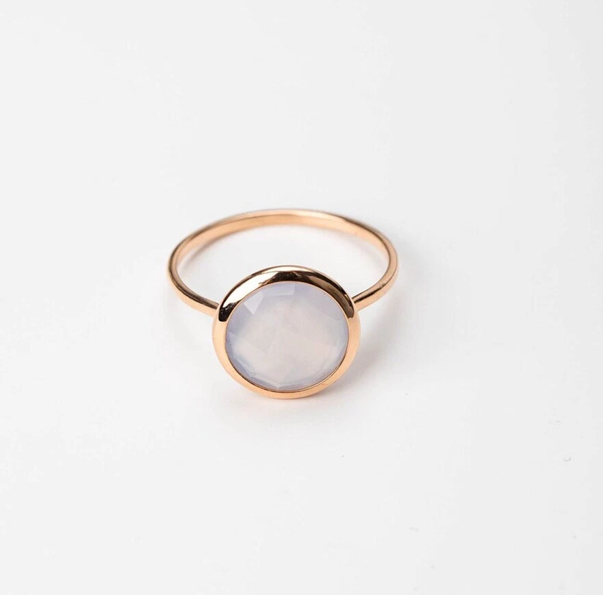 Anillo Solitario Natural 8mm Calcedonia Delicada Banda Oro Amarillo Sólido 14k Foto 4 de 4