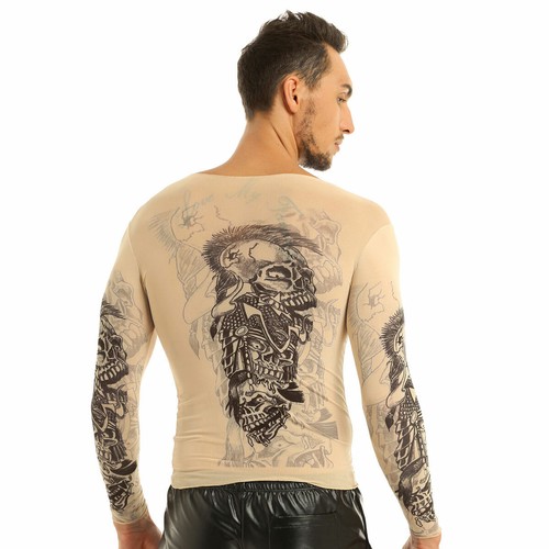 Mens Long Sleeve Mesh See Through T-shirt Fake Tattoo Blouse Shirt Party Fancy - Picture 5 of 56