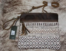 Myra Bag #2131 Diamond Rug Design, Leather, Canvas 11"x10" Crossbody-Wristlet~