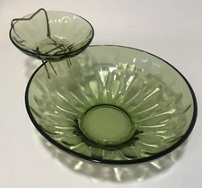 Vtg Hazelware Chip 'n Dip Glass Bowl 3 Piece Serving Set Avocado Green Holidays 