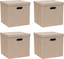 Storage Bins with Lids, Collapsible Linen Fabric Boxes Organizer Containers with