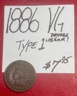 1886 Indian Head Cent (VG) Very Good Cond! Type 1! “Details: Lite Cor” ENN Coins