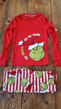 Dr. Seuss Go Grinch Or Go Home Kids PJ Set Long Sleeve Red Striped Pants Size 10