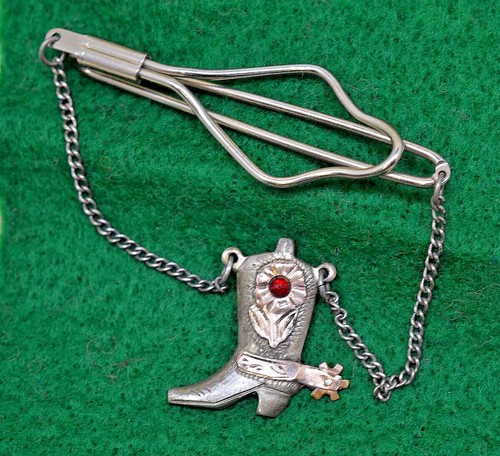 Sterling Silver Cowboy Boot Tie Bar Vtg Fred Harvey Era Red Gem 10K Gold Trim