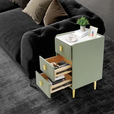 Bedside Table - Narrow 3-Drawer Nightstand, Rock Slab & Leather, Green/Gold