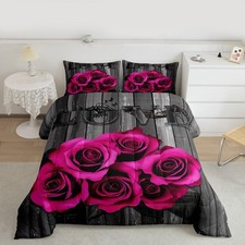 Hot Pink Rose Flowers Comforter Set Queen Rustic Rose Floral Bedding Set Vale...