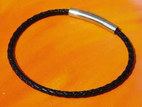 Mens /ladies 3mm Black braided leather & stainless steel bracelet - Lyme Bay Art - Picture 2 of 3