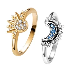 Celestial Sun and Moon Ring Set, Sparkling Sun Ring/Blue Moon Ring with 14k G...