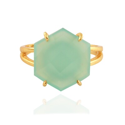 Gemstone Hexagon Shape Aqua Chalcedony Gold Plated Handmade Adjustable Rings