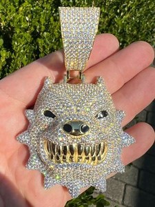 Authentic Huge 3.5" Iced Hip Hop 14K Gold Plated 925 Angry Pitbull Dog Pendant Necklace CZ