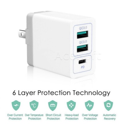 Multi Function 3-Port PD3.0 USB QC3.0 Adapter Charger f Samsung Galaxy S9+ G965U