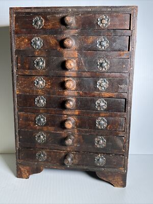 Vtg Handcrafted France 13'' Wood 8 Drawer Chest Metal Fleur De Lis Emblems