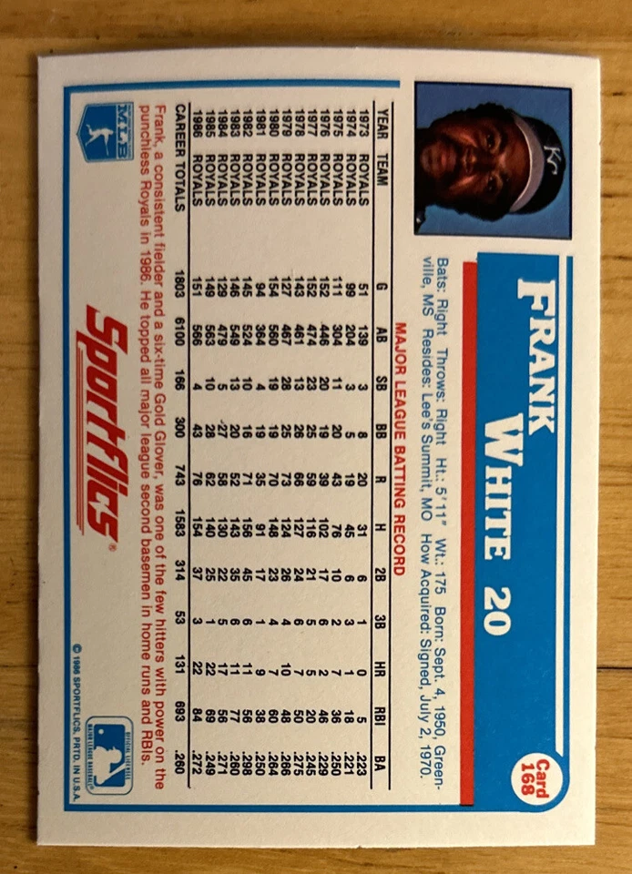 1987 Sportflics Frank White Card #168 Royals Second Base High-Grade NM O/C - Image 2 of 2
