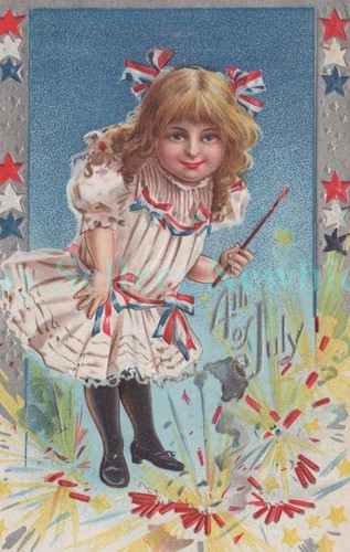 Fourth of July - GIRL LIGHTING FIRE CRACKERS - Patriotic Postcard 4th Embossed