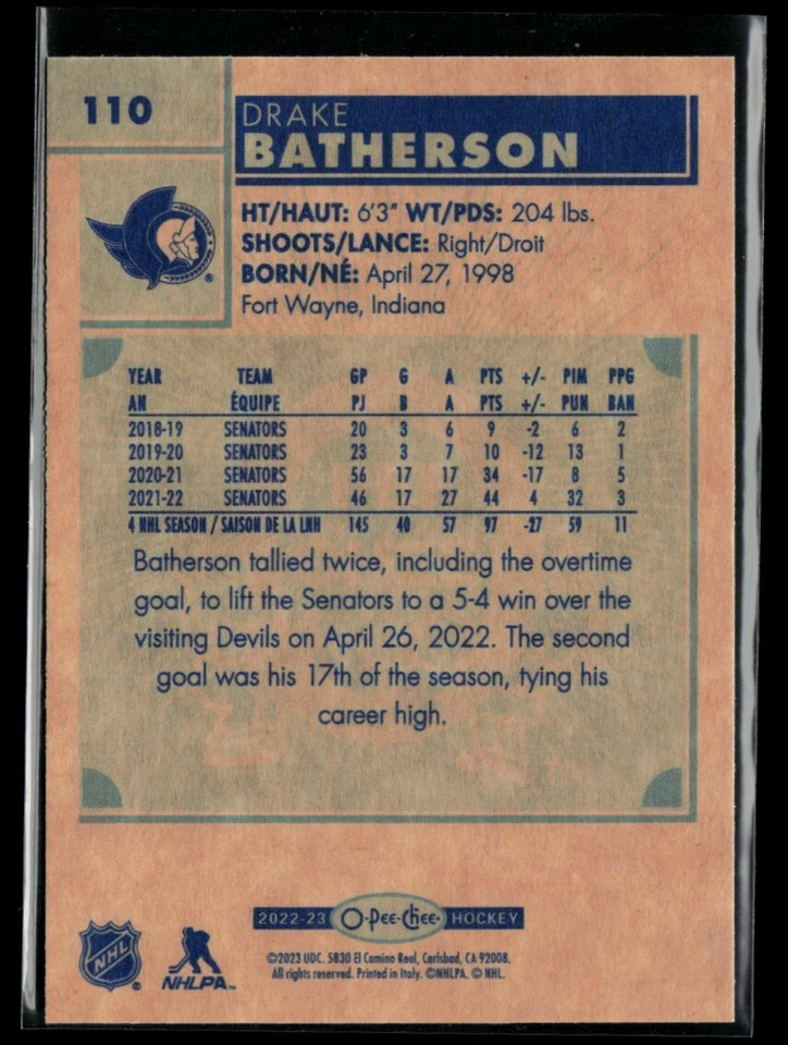 2022-23 O-Pee-Chee Retro Drake Batherson #110 - Image 2 of 2