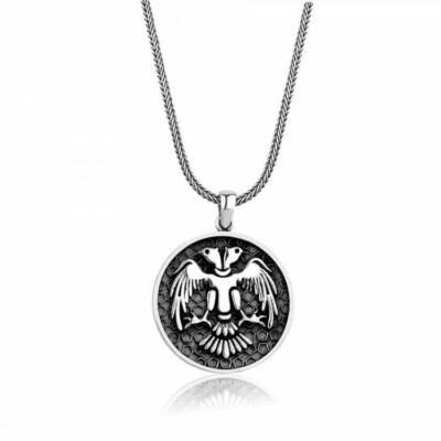 Solid 925 Sterling Silver Anatolian Seljuks Double Headed Eagle Men's Necklace