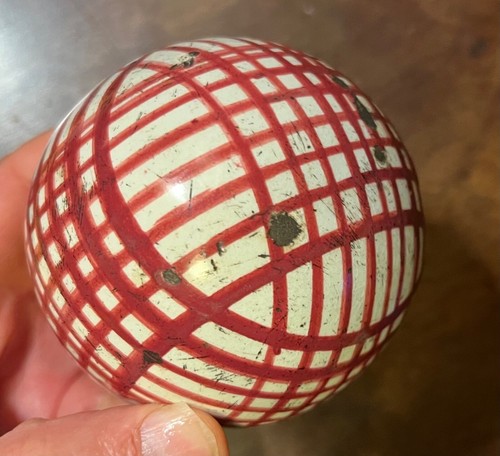 Antique 19th c. English Victorian Pottery Carpet Ball Red Criss Cross Stripe - Picture 11 of 12