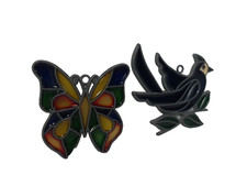 2 Vtg Handcrafted Suncatcher Bird  Butterfly Hanging Window, Faux Stained Glass