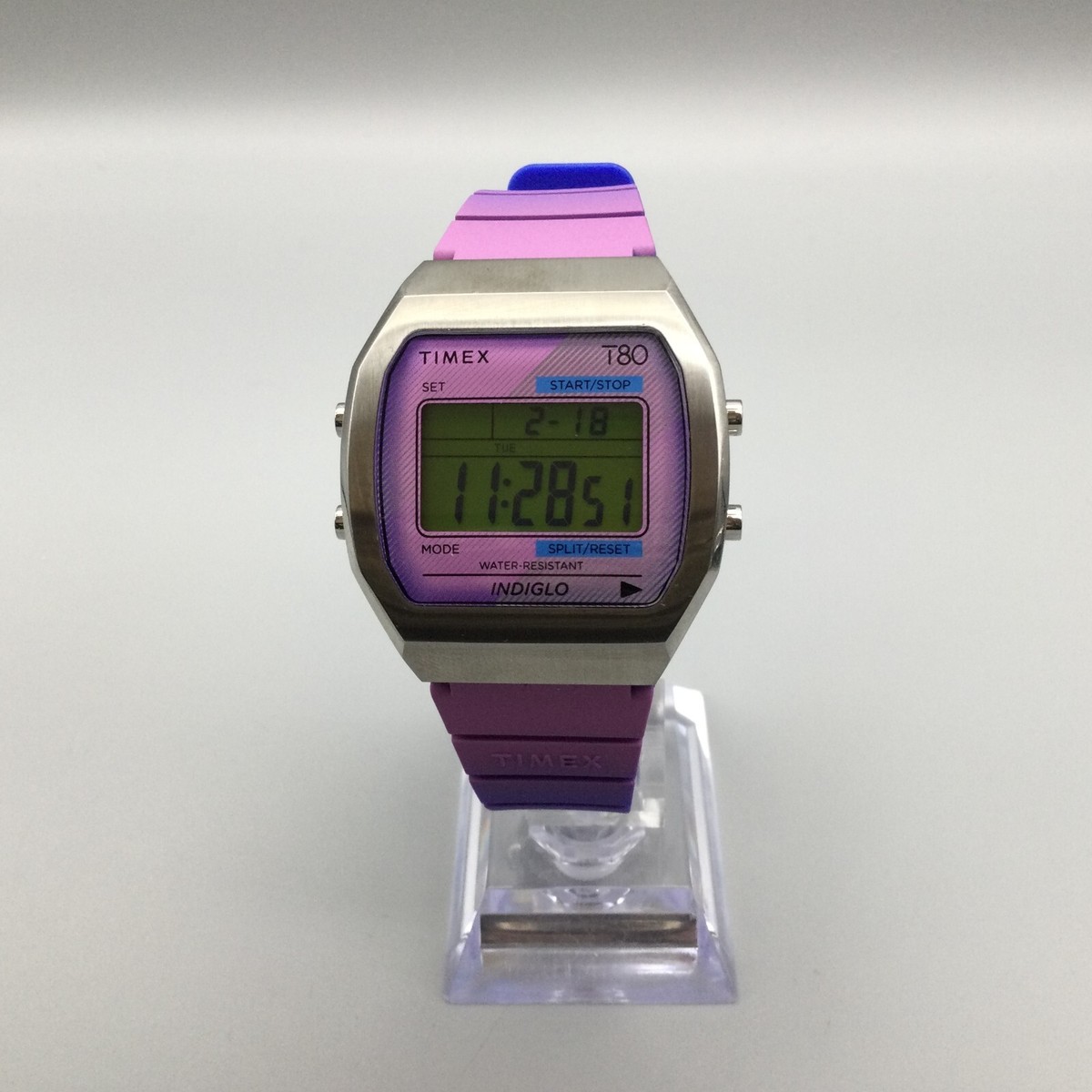 Timex T80 Retro Watch Men Indiglo 36mm Silver Tone Purple