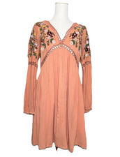 Altar'd State Embroidered Tie Back Flowy V Neck Long Sleeve Mini Dress Medium