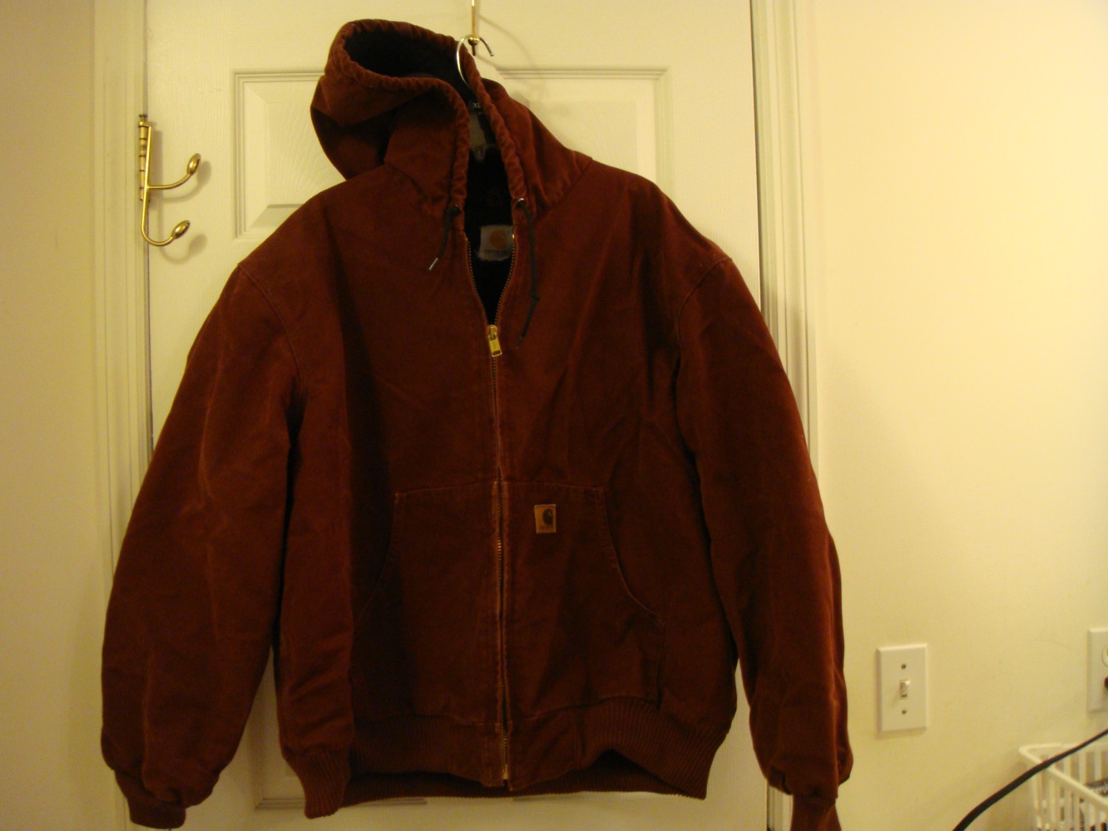 Men's Vintage 90s Carhartt Burgundy Wine Red RARE Hood Quilt Lined Jacket Sz 3XL