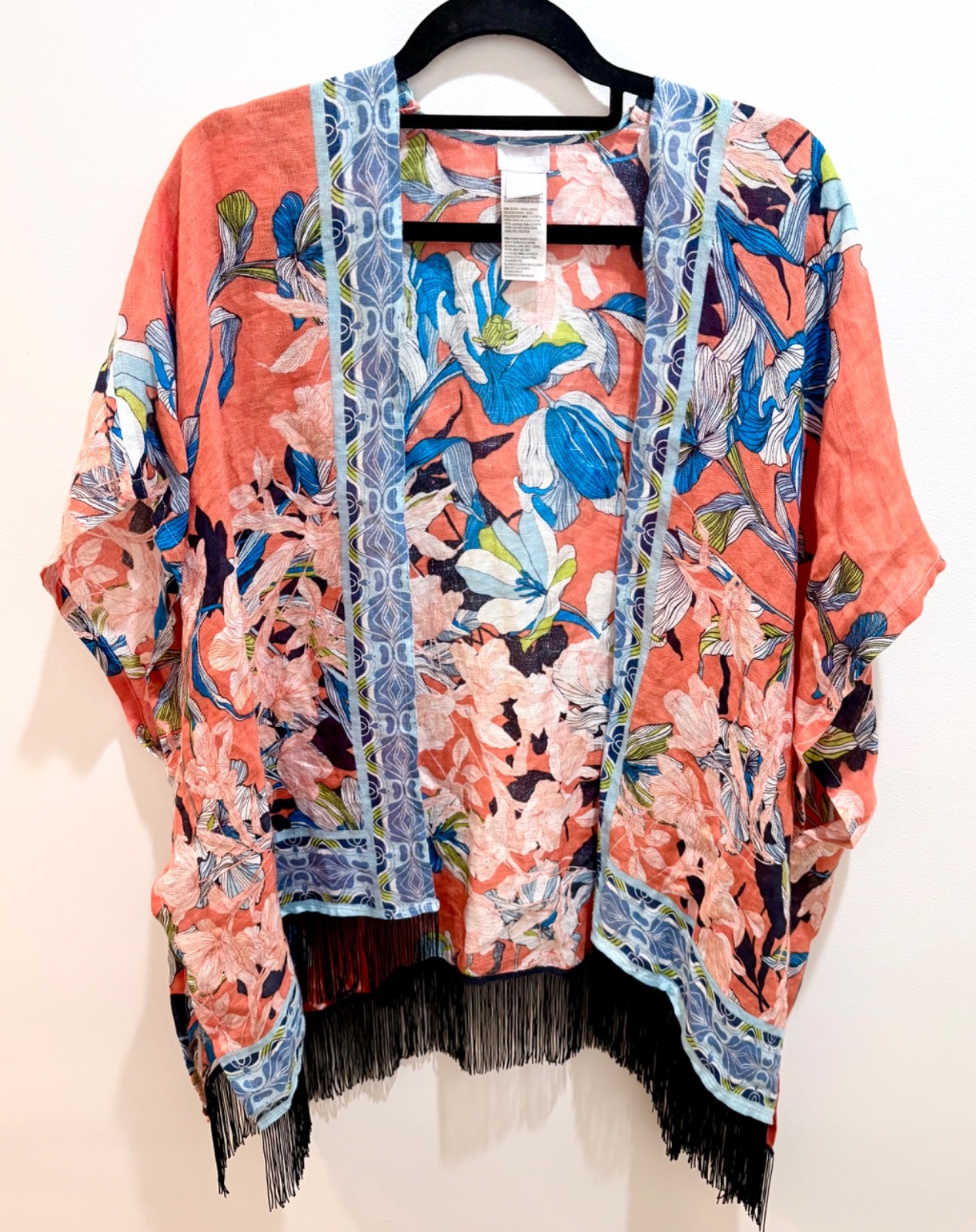 Chicos 100% Linen Women’s Floral Kimono Duster w/ Fringe S/M Beach Resort Boho