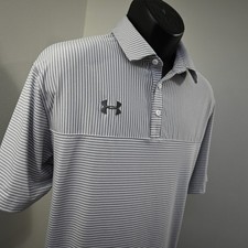 Under Armour Golf Polo Gray Striped HeatGear Loose Short Sleeve Mens Size Large