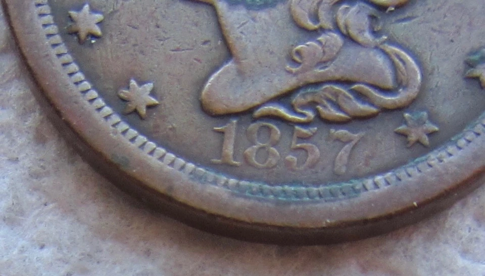 1857 1/2C BN Braided Hair Copper Half Cent Rare Key Date Counter Stamp Damaged - Image 3 of 3