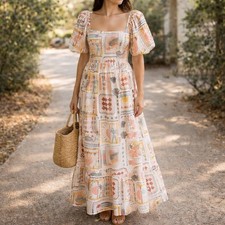 Lea Maxi Dress Puff Sleeve Smocked Tiered Square Neck Resort Boho Geometric