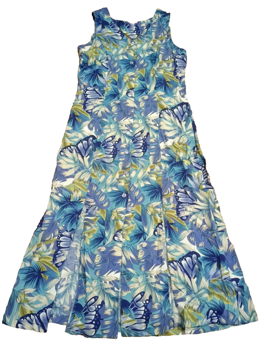 Vtg ERICA 70s Tropical Hawaiian Floral Butterfly Blue Teal Maxi Beaded Dress S