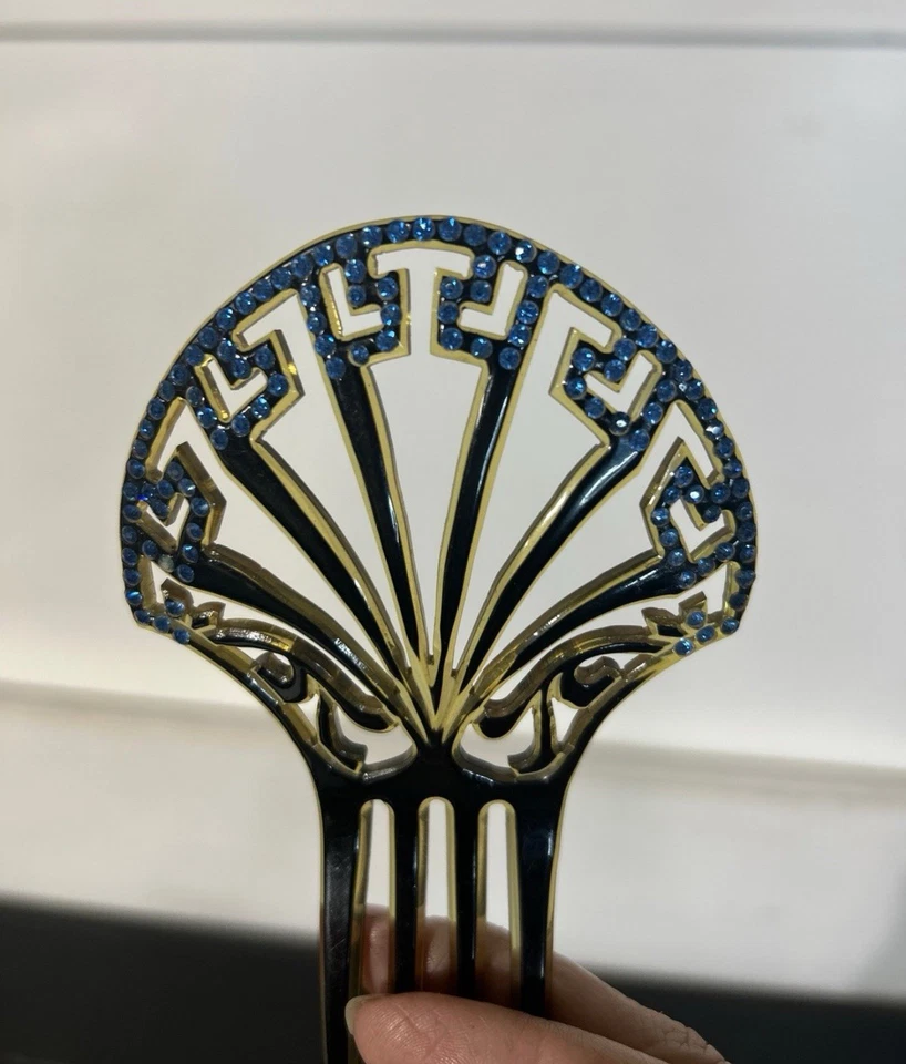Pente de cabelo antigo grande art déco dourado celulóide brilhante com cristais azuis - Imagem 2 de 3
