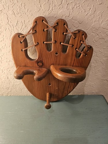 Vintage Wooden Baseball Glove Wall Shelf, Holds Bat, Ball & Glove, Rawhide...