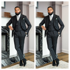 Formal Men Suits 3 Pcs Business Wear Wedding Striped Tuxedo Blazer Pant Vest