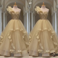 Shiny Light Gold Wedding Dress One Shoulder Ruffle Piping Glitter Sequined