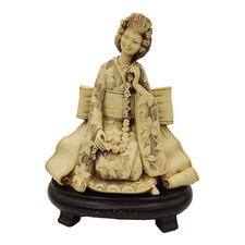 VTG Japanese Woman Lady Sculpture Figure Carved Stained Resin Wood Base 8" RARE