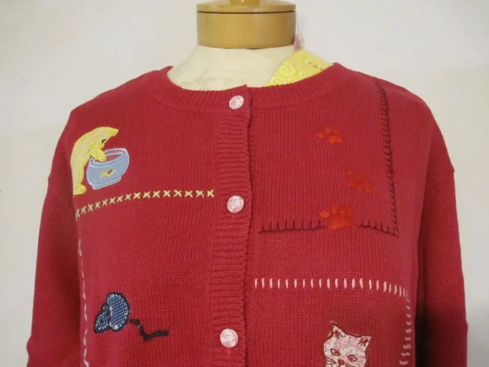Stitches In Time Red Cat Cardigan Sweater Kittens Size 1X VTG Cottagecore New - Image 2 of 4